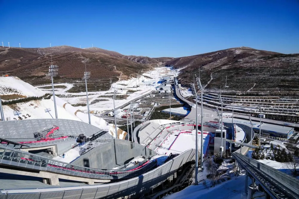 Aerial photo shows the National Ski Jumping Center in Chongli District of Zhangjiakou City in north China's Hebei Province