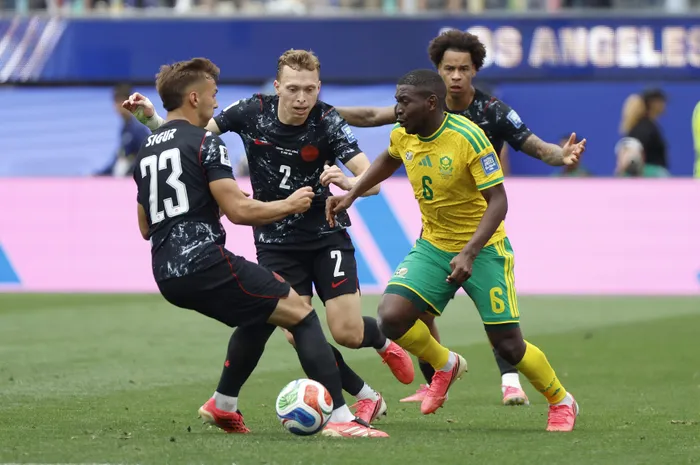 Aubrey Modiba of South Africa is surrounded by Canadian defenders during their Fifa World Cup Round of 32 clash at the Sofi Stadium in Los Angeles on Sunday night. Photo: BackpagePix