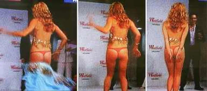 jennifer hawkins dress falls off Catwalk calamity as beauty queen bares assets