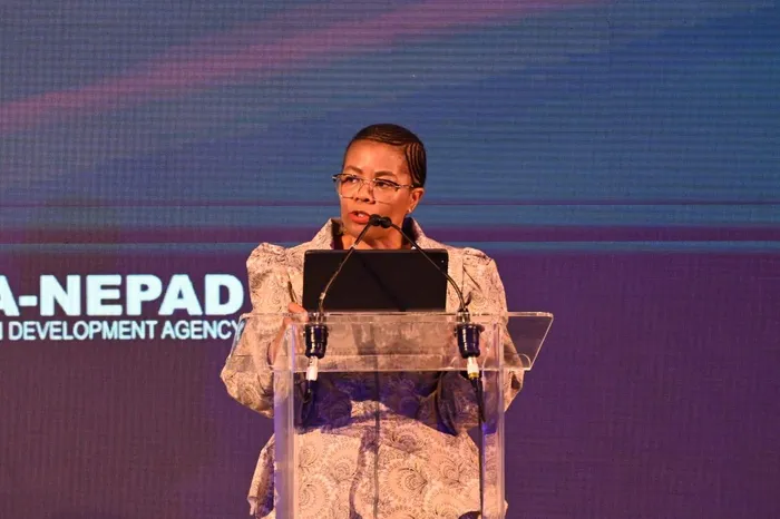 Prof Puleng LenkaBula, Principal and Vice-Chancellor of University of South Africa, speaking during the 16th Thabo Mbeki Africa Day Lecture in Century City Conference in Cape Town. 