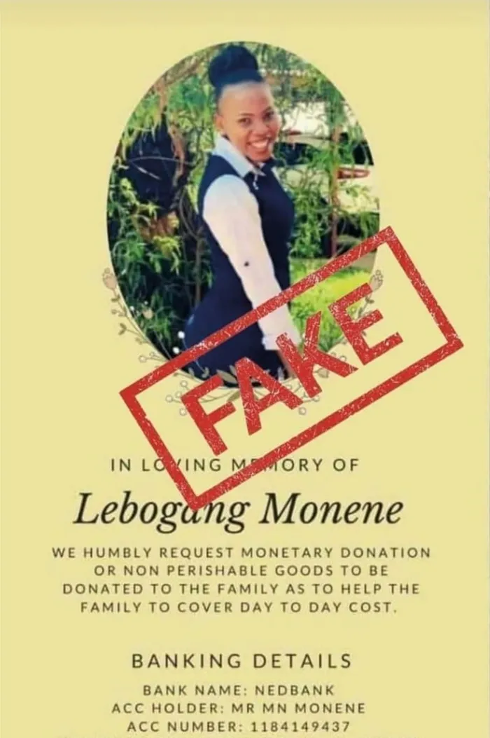 The Democratic Nursing Organisation of SA said the family of Lebo Monene, a nursing assistant who was shot and killed by her partner at Tembisa Hospital last week, confirmed that the banking details do not belong to any members.