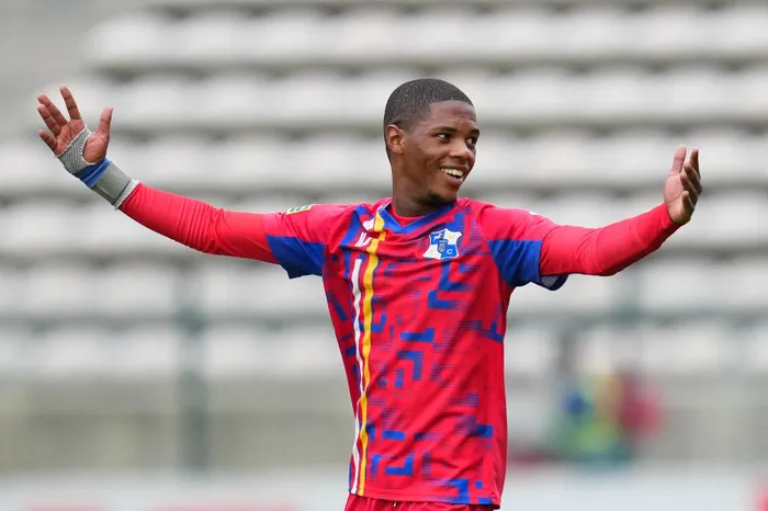 Milford's Olwethu Cele celebrates following their win over Cape Town City FC in the match of the Promotion-Relegation play-offs.