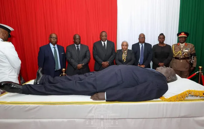 The funeral cortège of former Kenyan president Emilio Mwai Kibaki made its way to the Parliament Buildings in Nairobi where the body will lie in state for three days from Monday to Wednesday, State House Kenya said in a statement. Photo: State House Kenya
