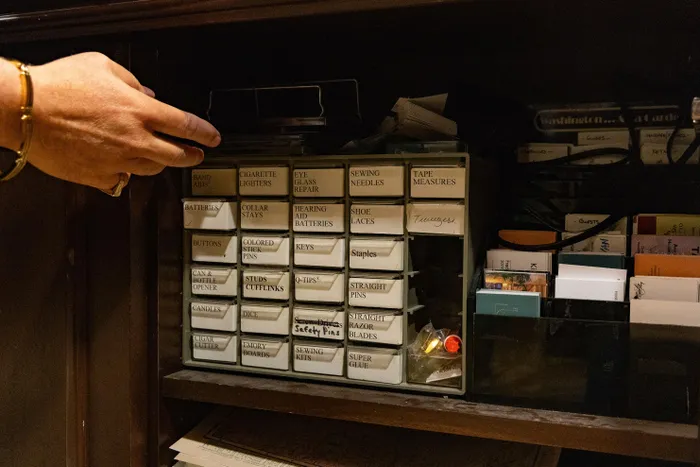 Watson’s “emporium” of emergency items for guests.