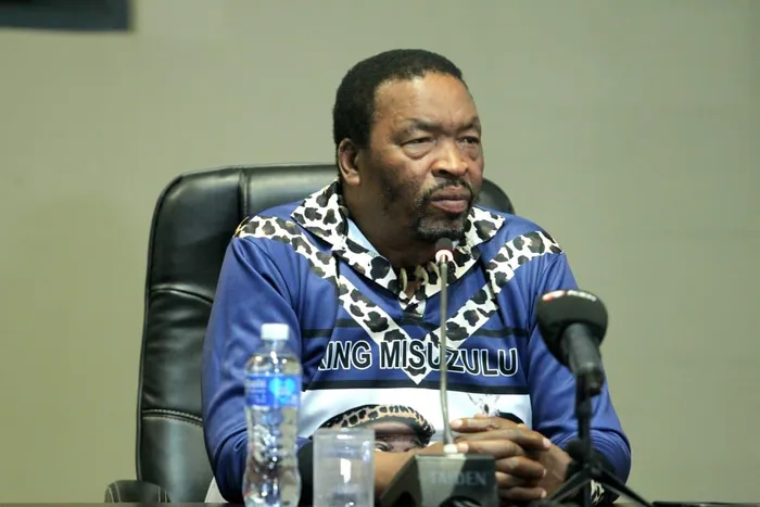 Zulu regiment chief coordinator Sipho Mhlongo addressing traditional leaders in Durban on Friday, where he emphasised that March and March protest against illegal immigrants should be peaceful. 