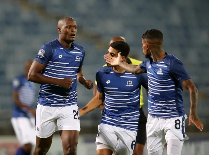 Maritzburg United’s Judas Moseamedi celebrates with teammates after scoring their opening goal during their DStv Premiership match at Harry Gwala Stadium in Pietermaritzburg on Friday. Photo: Muzi Ntombela/BackpagePix