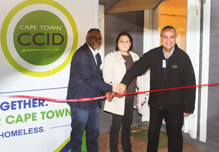 At the ribbon-cutting ceremony of the Safe Sleeping Zone in District Six, from left are  Haven Night Shelter CEO Pastor Shaddie Valayadum, the Cape Town Central City Improvement District’s (CCID) social development manager, Tara Gerardy-Bissolati, and CEO Tasso Evangelinos.