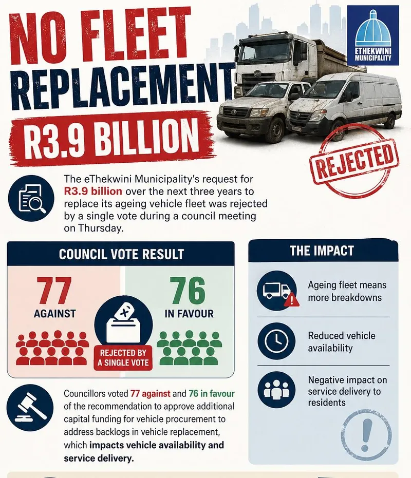 eThekwini Municipality's R3.9 billion vehicle funding request denied, raising service delivery concerns
