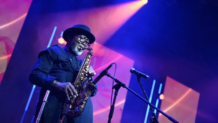 South African musician Sipho “Hotstix” Mabuse performs on the Kippies stage during the Cape Town International Jazz Festival.
