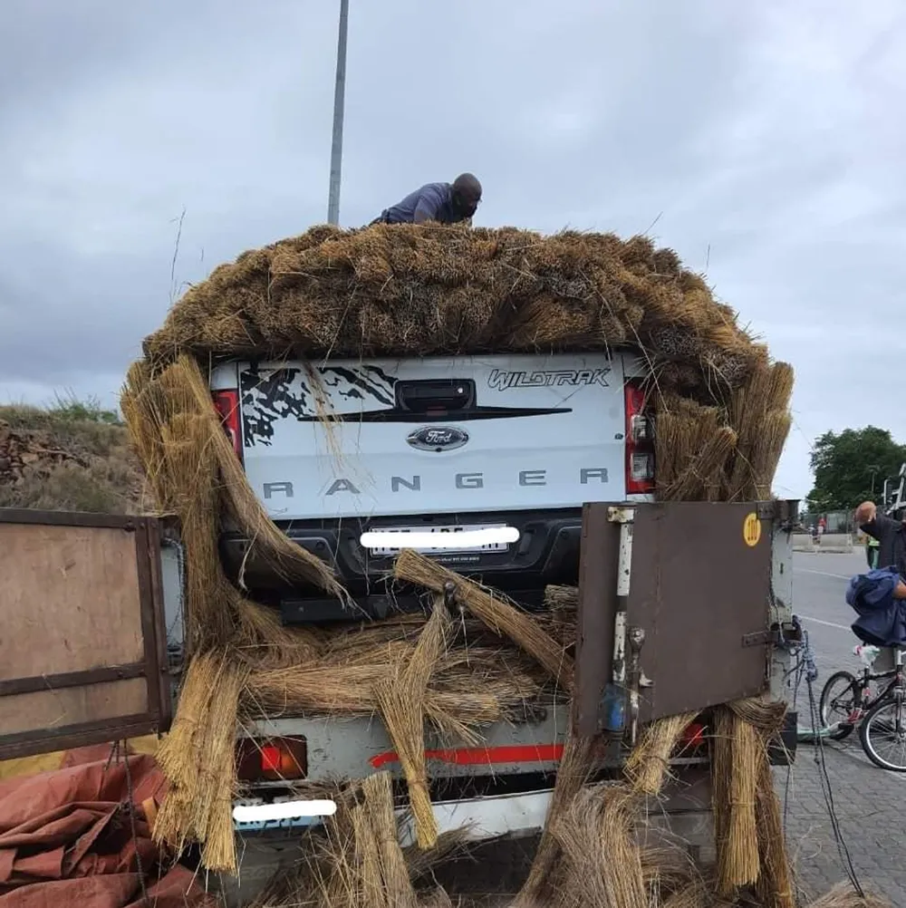 A white bakkie hidden under a load of traditional brooms on the back of a truck. 