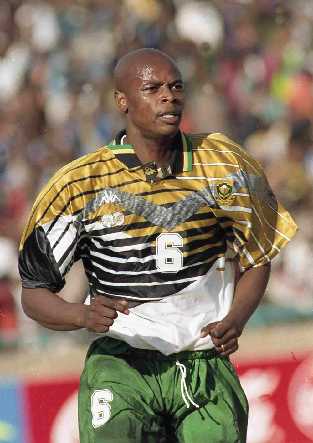 Phil Masinga during the 1998 World Cup qualifying football match between South Africa and Zambia at the FNB Stadium in Johannesburg