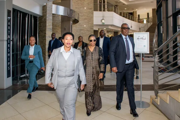 Gauteng Premier Panyaza Lesufi, alongside Deputy Minister Dr Nomusa Dube-Ncube, arriving at Unisa for the launch of the Human Resource Development Council (HRDC) on Tuesday. 