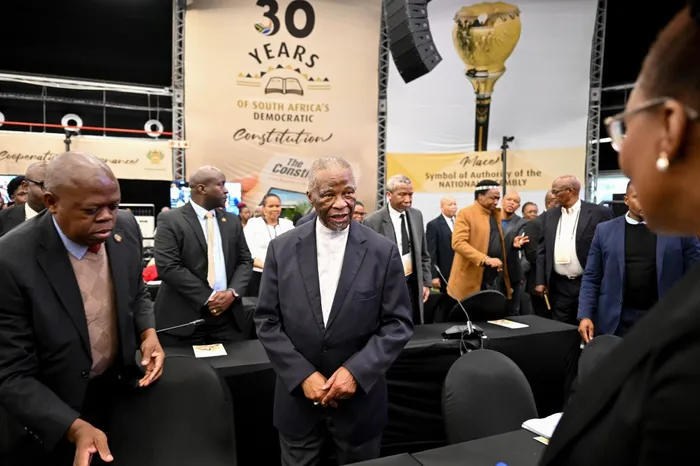 Former president Thabo Mbeki arrives at Parliament ahead of the Joint Colloquium on “Celebrating 30 Years of South Africa’s Constitution in a rapidly changing world” hosted by Parliament and UNISA at the Dome in Cape Town. 