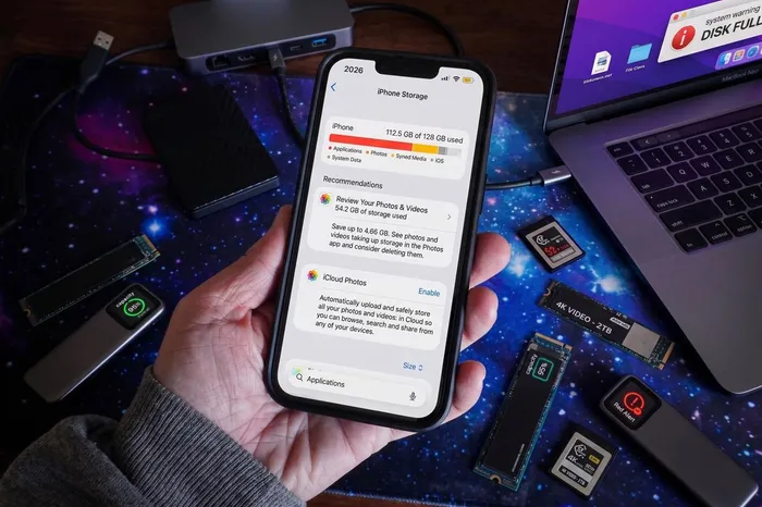 As of 2026, storage limitations on budget phones and laptops, particularly those with 128GB and 256GB respectively, are insufficient for modern needs like 4K video, prompting consumers to consider higher storage options despite increased costs.  Picture: Michael Sherman/Google Gemini