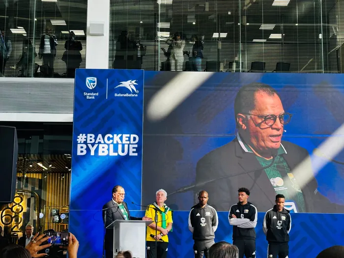 SAFA president Danny Jordaan addressing the crowd during the Bafana Bafana send-off ceremony with coach Hugo Broos and players Nkosinathi Sibisi, captain Ronwen Williams and Themba Zwane in attendance.