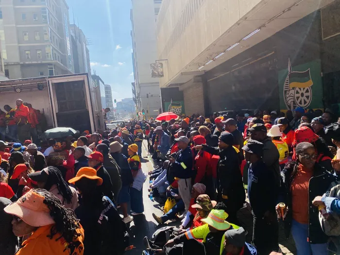SAMWU workers outside Luthuli House following a meeting with ANC leaders on delays in implementing the R10.3 billion Politically Facilitated Agreement
