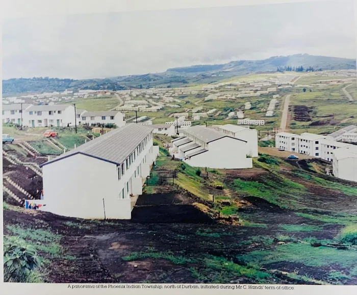 A panorama of the Phoenix Indian Township, north of Durban, initiated by Mr C Hands, a former councillor in the apartheid government, during his term of office. This picture is believed to have been taken in the early 1980s.