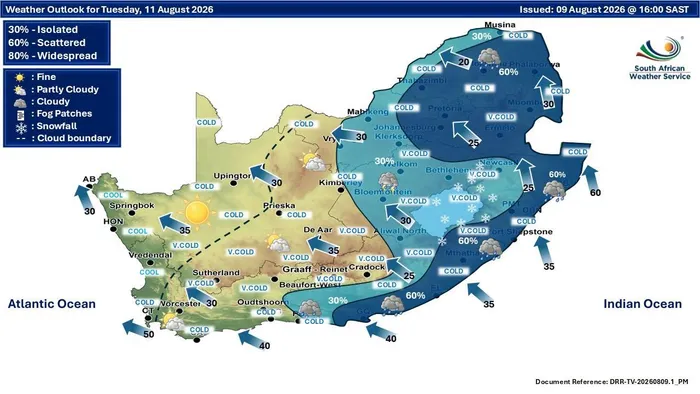 Extreme cold is expected over most of South Africa on Tuesday.