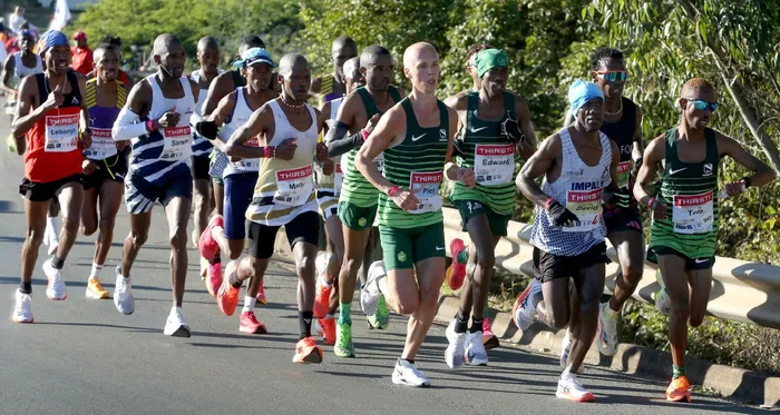 George Kusche set a new Comrades Marathon men’s record with a time of 5:15:56, finishing ahead of Piet Wiersma and Mbuti Mollo in the 2023 race from Durban to Pietermaritzburg. Pictures:Shelley Kjonstad/Independent Newspapers