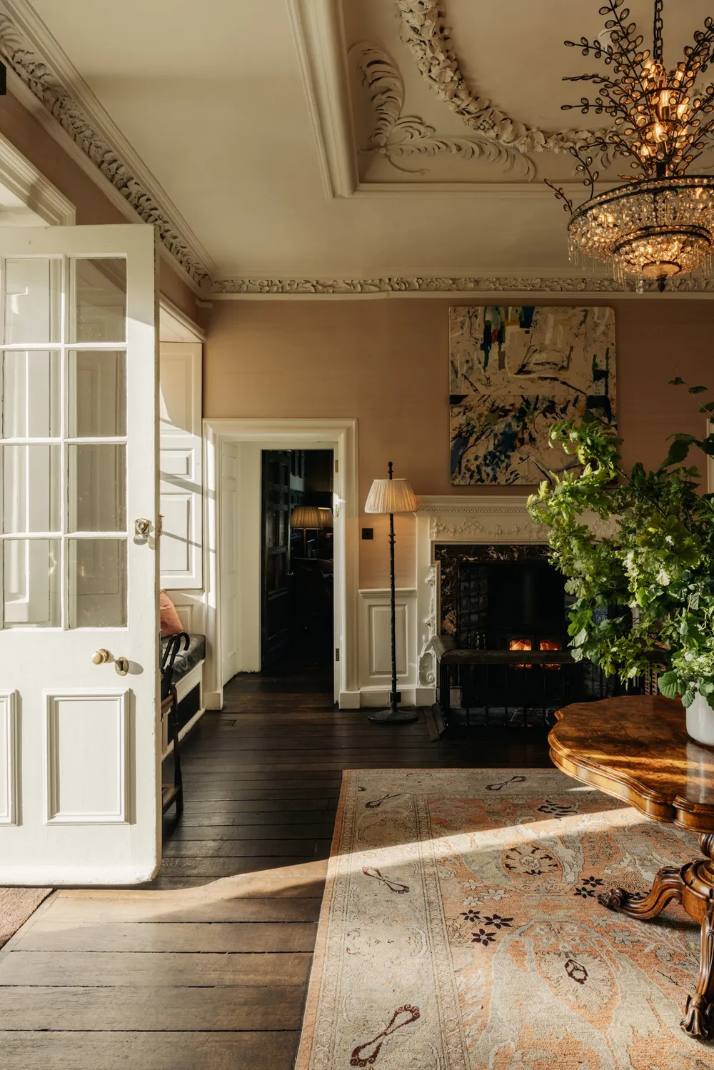 soho house, soho farmhouse, persian rug, fireplace, cottage