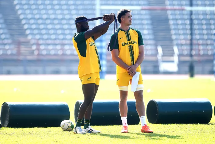 Springbok captain Siya Kolisi and the entire squad paused their training session today to send an incredible message of support — complete with a powerful gwijo hymn — to Hugo Broos' men ahead of tonight's World Cup opener in Mexico. Photo: Itumeleng English Independent Media