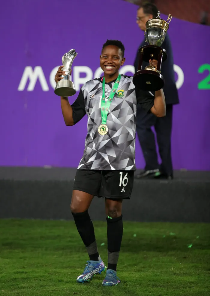 South Africa goalkeeper Andile Dlamini celebrates during the 2022 Womens Africa Cup of Nations final match between Morocco and South Africa at Prince Moulay Abdellah Stadium in Rabat on Monday