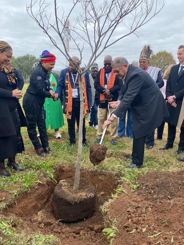 Narend Singh, Deputy Minister of Forestry, Fisheries and the Environment, plants a tree during the International Day for Biological Diversity commemoration held in Gauteng on Friday. 