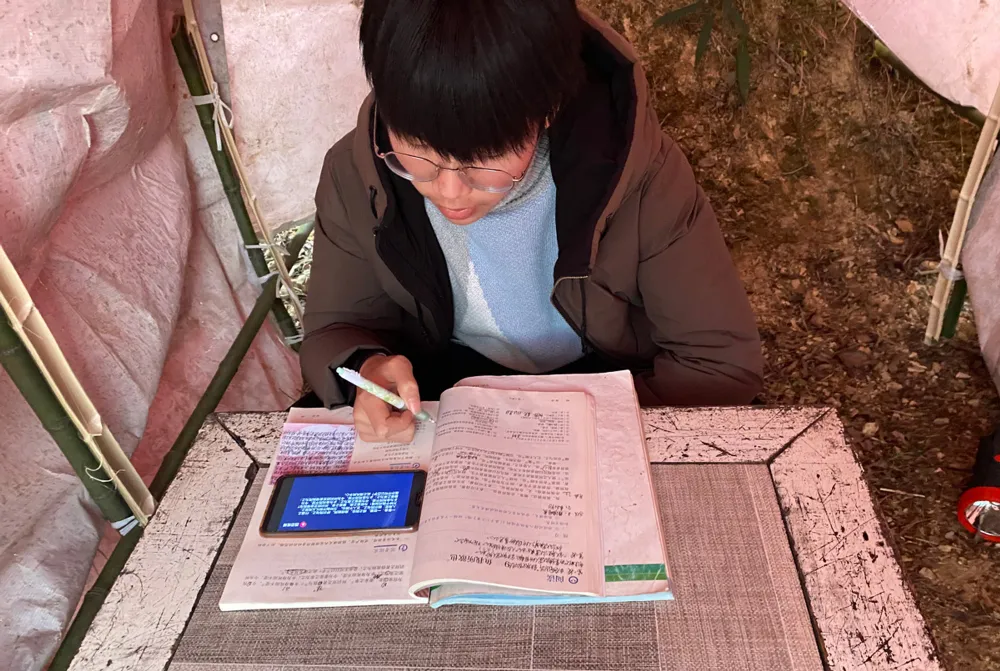 Photo shows Liu Hongrui studying in the shack. (People's Daily Online/Xu Mingyue)