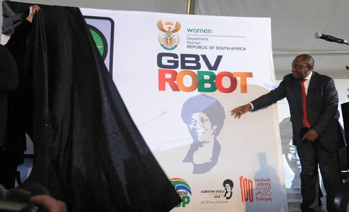 President Cyril Ramaphosa at the 2018 National #WomensDay event in Mbekweni, Paarl, on Thursday, where a Gender Based Violence Robot, a colour-coded guide to healthy relationships, was unveiled. Photo: @PresidencyZA/Twitter