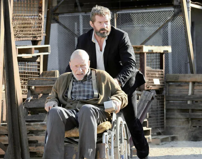 Hugh Jackman and Patrick Stewart in Logan production photograph