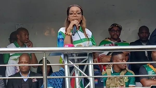 March and March leader Jacinta Ngobese-Zuma addresses supporters in Durban, where she announced that the movement will continue staging weekly protests until the government removes undocumented immigrants from South Africa.
