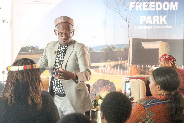 Seth Mazibuko, patron of the Seth Mazibuko Foundation, speaking at an intergenerational dialogue at Freedom Park. 