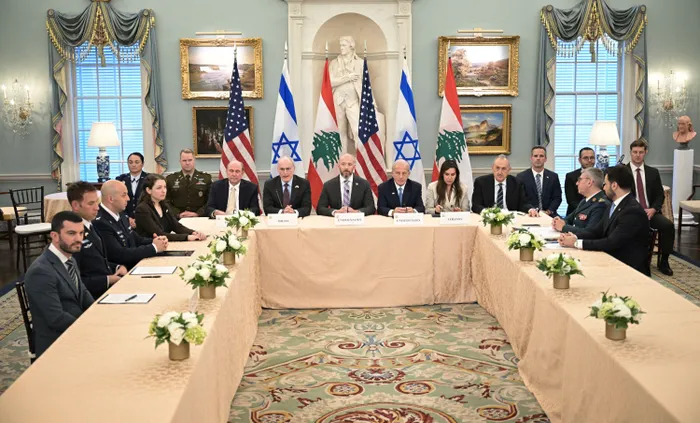 Israel's US Ambassador Yechiel Leiter, US Chief of Staff Daniel Holler, US Ambassador to Lebanon Michel Issa and Lebanese Ambassador Nada Hamadeh attend a meeting between Israeli and Lebanese delegations hosted in Washington on June 3.