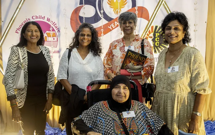 Divya Naidoo, standing from left, Soobs Moonsamy, Saguna Gordhan, and Salina Sankar with Shirin Motala in front. 
