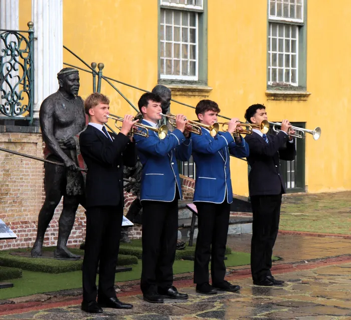 Four trumpeters from SACS on the 80th VE Day commemoration at the Castle on 10 May 2025.