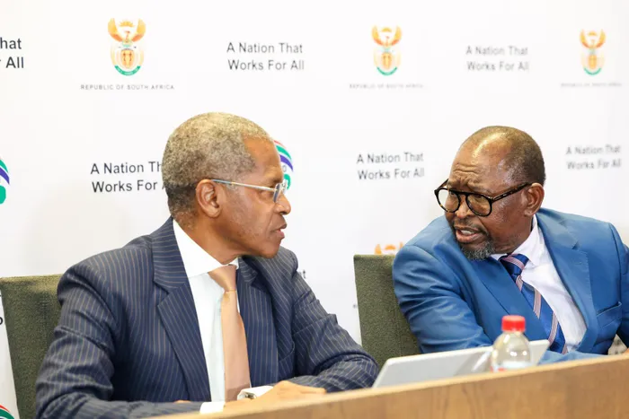 
The Minister of Cooperative Governance and Traditional Affairs, Velenkosini Hlabisa, and the Minister of Finance, Enoch Godongwana, on Tuesday briefing members of the media on the temporary withholding of Municipal Equitable Share transfers.
