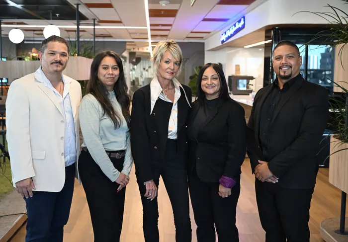 Newly appointed editors from Independent Media pose for photographs following the announcement of key editorial appointments across the group’s national newsroom. Pictured from left to right are Dudley Carstens, Editor of the Daily Voice, Lisa Isaacs, Acting Editor of the Cape Times, Editor in Chief Adri Senekal De Wet, Liesl van der Schyff, Editor of the Cape Argus and Lucien Jacobs, chief executive officer of Sekunjalo. 