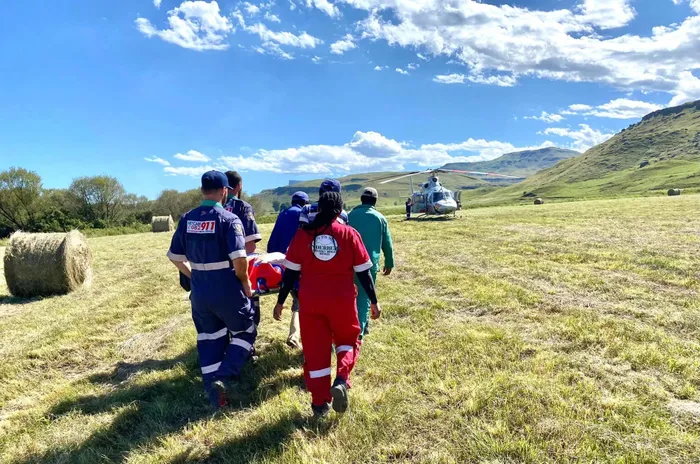 A local farmer had to be airlifted to a Pietermaritzburg hospital after he fell off his off-road motorbike in Cobham in Himeville, Drakensberg. Picture: Underberg Emergency Medical Services