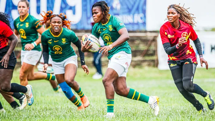 Springbok Women's flyhalf Mary Zulu runs at the Uganda defence during Wednesday's hard-fought Rugby Africa Cup round two fixture that exposed defensive frailties among the South Africans.