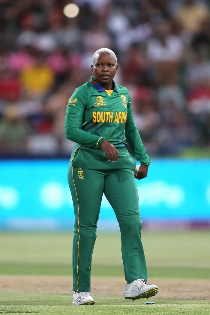 Nonkululeko Mlaba of South Africa during the 2023 ICC Women's T20 World Cup match against Sri Lanka held at Newlands Cricket Ground in Cape Town