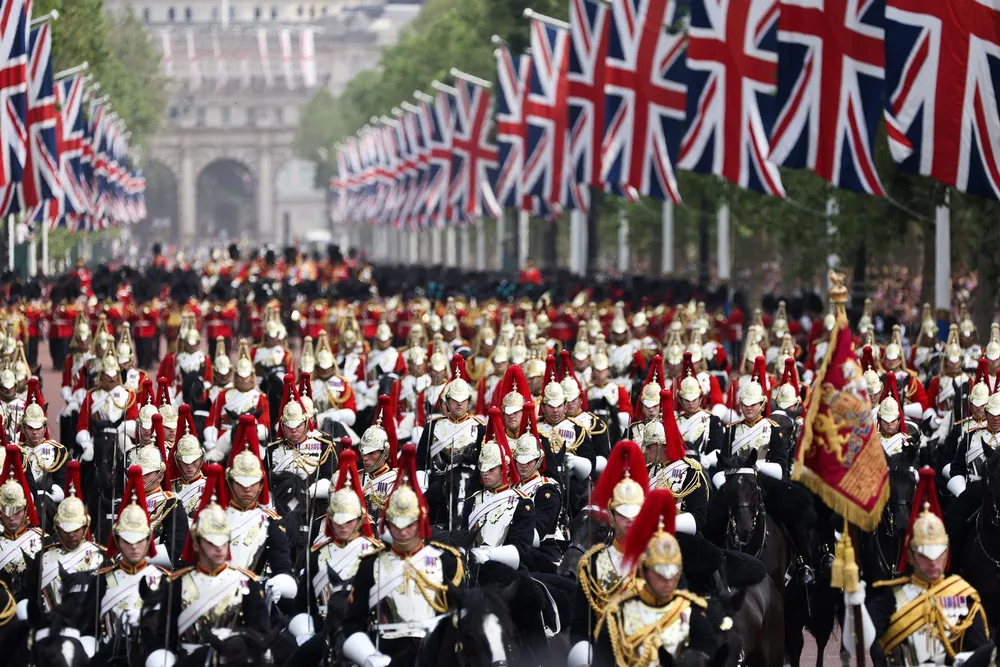 Members of the Blues and Royals return, along the Mall towards Buckingham Palace after the King's Birthday Parade, 'Trooping the Colour', in London on June 17, 2023. The ceremony of Trooping the Colour is believed to have first been performed during the reign of King Charles II. Since 1748, the Trooping of the Colour has marked the official birthday of the British Sovereign. Over 1500 parading soldiers and almost 300 horses take part in the event. Picture: Adrian Dennis / AFP