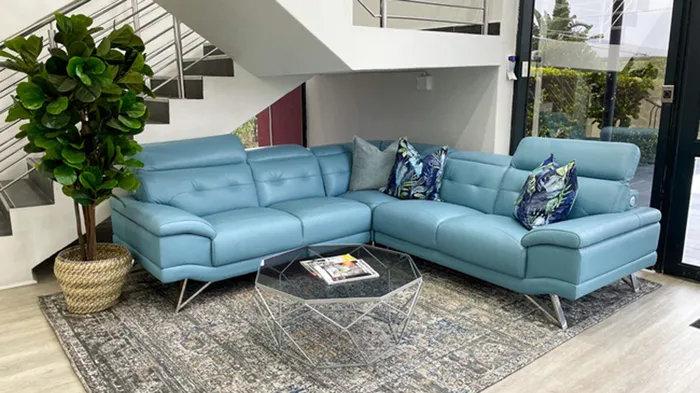 The blue San Pablo leather corner sofa has been restored and is enjoying newfound fame on the Leather Gallery’s showroom floor..pic supplied