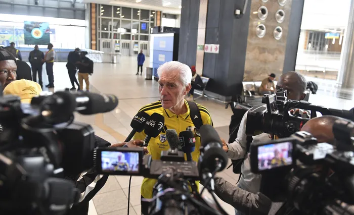 Bafana Bafana head coach Hugo Broos ahead of the team's departure at OR Tambo International Airport, in Johannesburg on Monday. Photo: Backpagepix