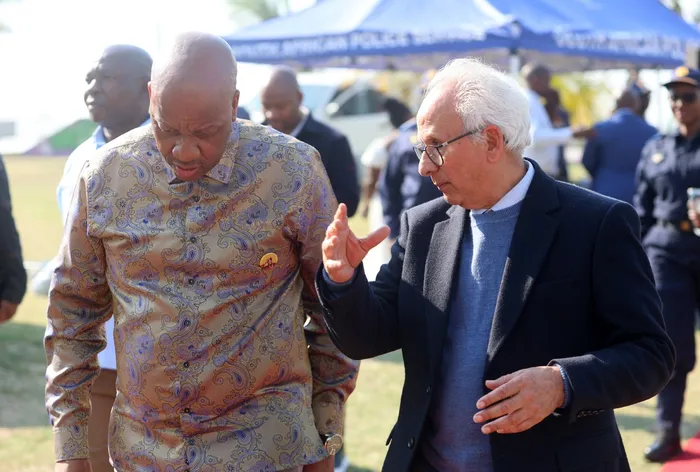 KwaZulu-Natal Premier Thamsanqa Ntuli and Acting Police Minister Professor Firoz Cachalia during a multidisciplinary law enforcement state of readiness parade at the Durban amphitheatre. 