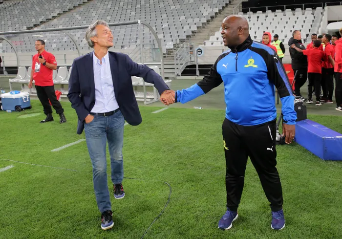 FILE PHOTO: Muhsin Ertugral and former Mamelodi Sundowns coach Pitso Mosimane, who was the first to lead the Masandawana to the CAF Champions League title 10 years ago.
