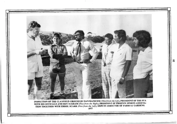 Inspection of the Clayfield ground by Dan Manicom, third from left, President of the PFA with his officials and Roy Sukram, right, President of the Phoenix Sports Association, together with Errol Scar, left, Deputy Director of Parks and Gardens, 1977. 