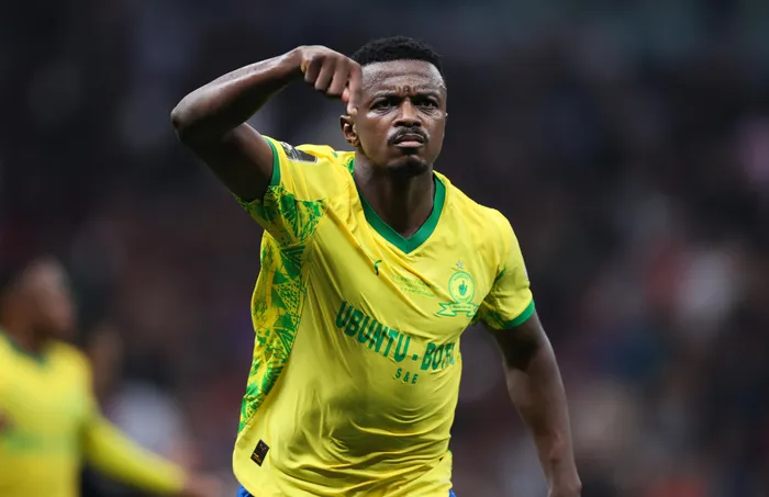 Teboho Mokoena of Mamelodi Sundowns celebrates scoring during the final of the CAF Champions League, second leg, against AS FAR and Mamelodi Sundowns at Prince Moulay Abdellah Stadium in Rabat on Sunday night. Photo: BackpagePix