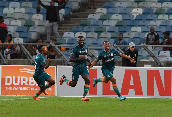 AmaZulu’s Junior Dion celebrates with teammates after scoring one of his three goals during their Carling Knockout quarter-final against Golden Arrows