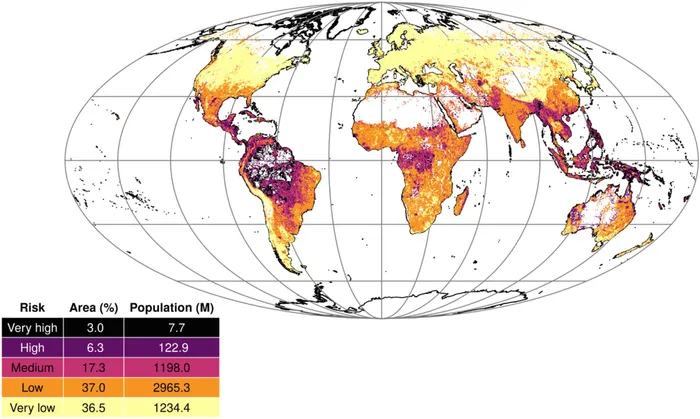 The map displays the risk levels across different regions, with white areas indicating insufficient data for one or more predictor layers. 