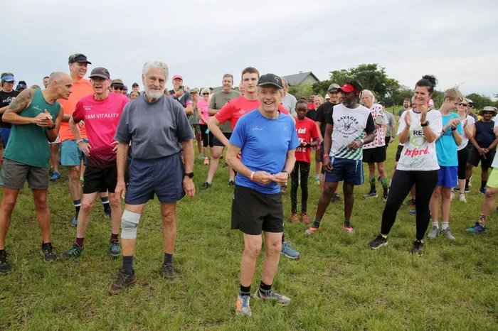 Bruce Fordyce (pictured front) offers essential mental preparation advice for Comrades Marathon runners, emphasising confidence, tradition, and visualisation to help them succeed in the iconic race.. Picture: Tumi Pakkies/ Independent Newspapers
